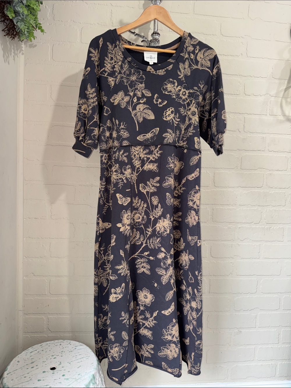 Umgee modest dress small floral gray tan cotton blend midi